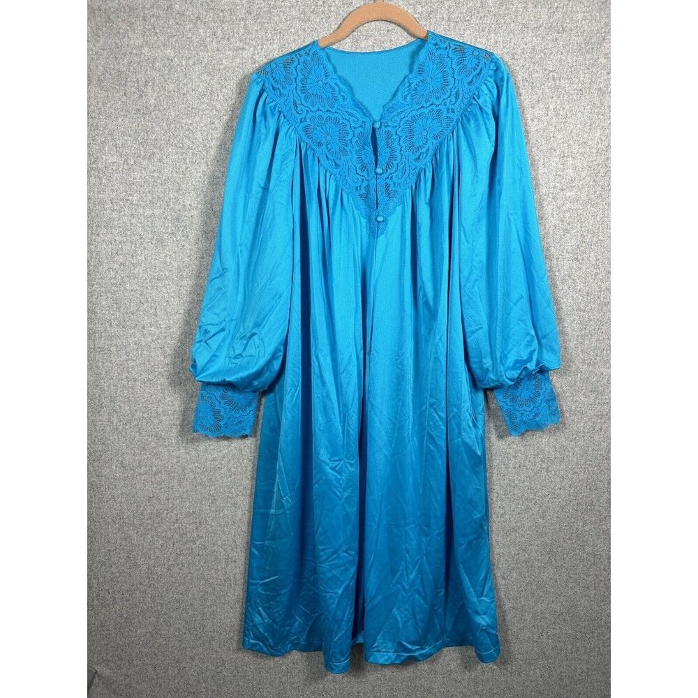 Vintage Shadowline Peignoir Dressing Robe Long Puffy Medium Bright Blue Nylon